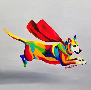 Colorful dog puppy Pit Bull red cape Art Print Of Painting by Amanda Norman - Picture 1 of 1