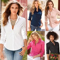 Womens Ladies Summer Fashion Slim Fit Long Sleeve Cotton Casual Shirt Top Blouse