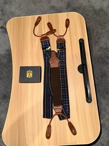 ALBERT THURSTON BRACES & 6 X BUTTONS NAVY BLUE YELLOW CHECK UNWORN leather trim - Picture 1 of 11
