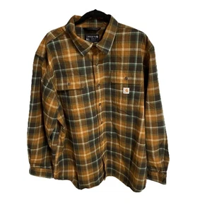 CARHARTT Men's XL Loose Fit Brown Orange Green Plaid Flannel Shirt - Picture 1 of 7