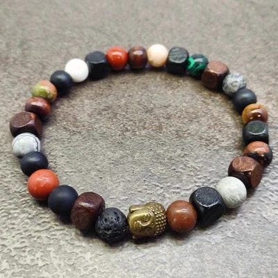 Men's Stone Wood Bead Stretch Bracelet Prayer Energy Chakra Yoga Bohemian Surfer - Image 1 of 2