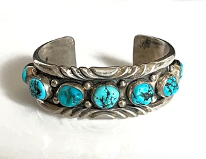 VTG Heavy Signed Navajo Sterling Silver 9 Stone Turquoise Cuff Bracelet Size 7" - Picture 1 of 13