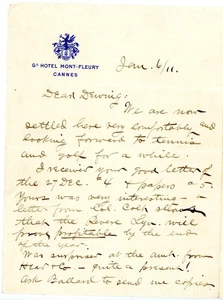 Carta firmada Lester Leland Grand Hotel Mont-Fleury Cannes Francia 1911 oro - Imagen 1 de 2