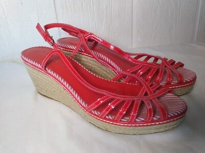 Sandalia Etienne Aigner Mujer 10 Rojo Blanco 3" Tacón Cuña Alpargata Rayas Tirantes Foto 1 de 4