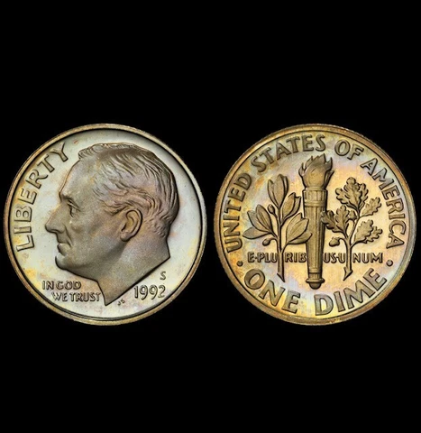 PR69DCAM 1992-S 10C Roosevelt Proof Dime, PCGS Secure- Pretty Album Toned Cover