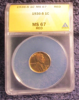 1936-S Lincoln Wheat Cent 1c - ANACS MS67RD Red - Image 1 of 4