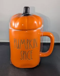 Rae Dunn Halloween Mug With Lid Topper NEW Orange Black "Pumpkin Spice" - Picture 1 of 8