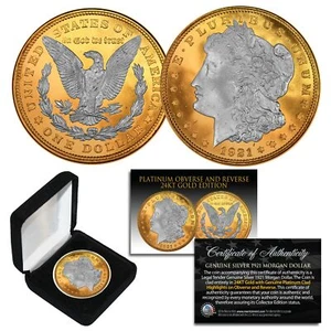 1921 Original AU MORGAN SILVER Dollar 24KT GOLD & PLATINUM Layered w/ BOX & CERT - Picture 1 of 1