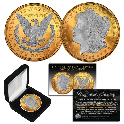 1921 Original AU MORGAN SILVER Dollar 24KT GOLD & PLATINUM Layered w/ BOX & CERT Cover