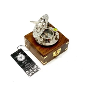 Vintage Sundial Compass Nautical Retro Steampunk Polished Hardwood Box Marime - Picture 1 of 6