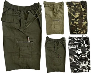 SALE Mens Camo & Plain Elasticated Lightweight Shorts Combat Cargo Multi Pocket - Picture 1 of 9