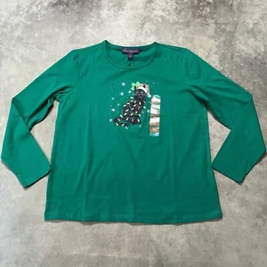 Gloria Vanderbilt Shirt Womens Medium Green Cat Holiday Christmas Festive - Picture 1 of 8