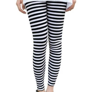 Women Ankle Length Skinny Leggings Black White Horizontal Striped Pants Tights - Picture 1 of 7