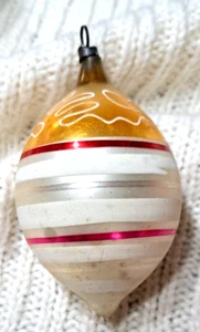 ANTIQUE VTG GOLD Red WHITE STRIPE Germany GLASS CHRISTMAS ORNAMENT Teardrop top - Picture 1 of 5