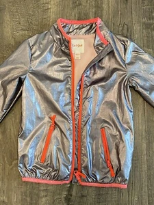 Cat & Jack Girls Size XS ( 4/5 )Metallic Silver Wind Jacket Full Neon Orange Zip - Picture 1 of 3