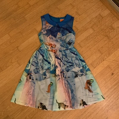 MODCLOTH Whimsy Without End Ski Snow Cats Dress Blue Size Small Fit & Flare - Image 1 of 4