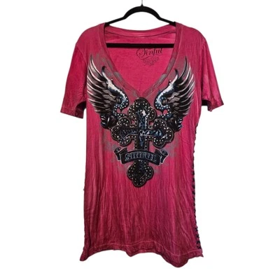 Vtg 90s Y2K Affliction Bling Wings Laceup T-Shirt Women LG Red Grunge Goth Biker - Image 1 of 4