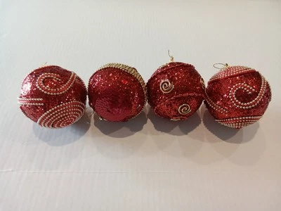 Red and Gold Christmas Sparkly Sequin Beaded Ornaments Set of 4 - Image 1 of 4