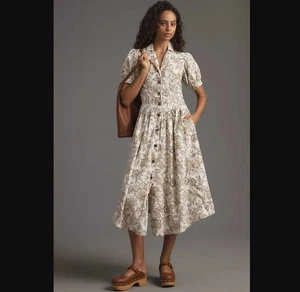 New 8 Pilcro x Anthropologie short-sleeve denim corduroy floral midi shirt dress - Picture 1 of 13