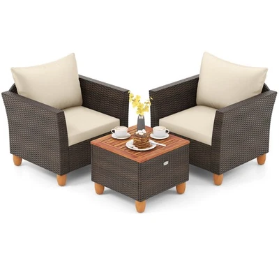 3 PCS Outdoor Patio Rattan Bistro Furniture Set Wooden Table Top Cushioned Sofa - Image 1 of 4