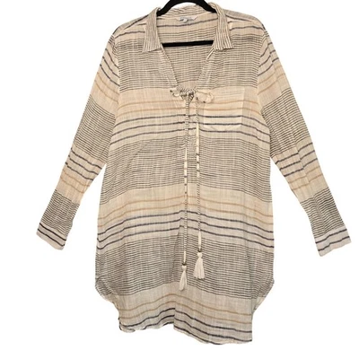 Top túnica de lino Blue Island para mujer grande blanco azul a rayas ligero boho Foto 1 de 4