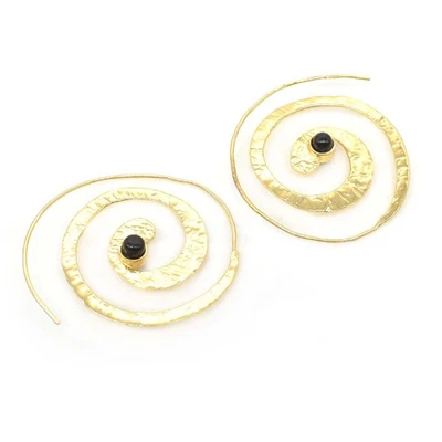 Best Quality Black Onyx Handmade Gold Plated Jewelry Spiral Earring 2" H364 - Image 1 of 4