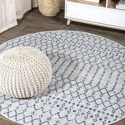 Light Gray Navy Indoor Outdoor Rug Geometric Pattern Pet Friendly Durable 3X1 - Image 1 of 4