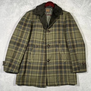 Vintage Pendleton Coat Mens Large Plaid Wool Fur Collar Quilted Lining 60s 70s - Picture 1 of 13