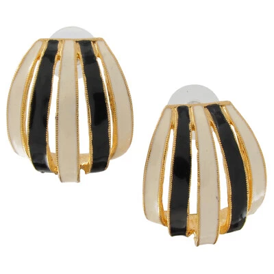 Pendientes de aro Huggie rayas negras crema vintage 1 1/8" Foto 1 de 3