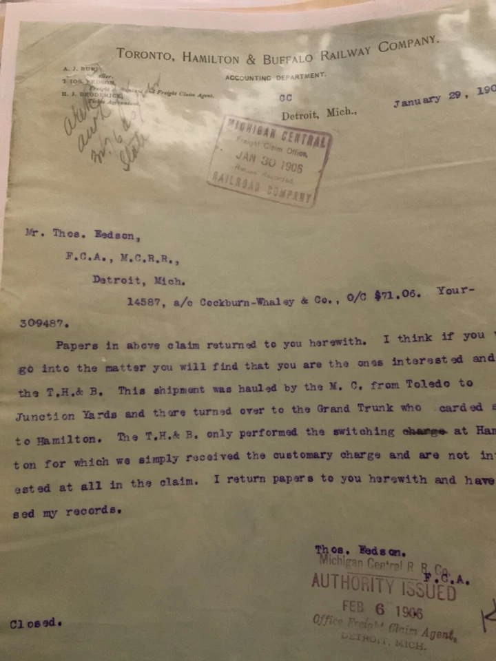 1906 Toronto, Hamilton & Buffalo Railway Letterhead Letter Detroit MI - Image 1 of 1