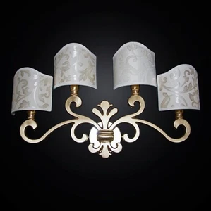 Applique parete 4 luci ottone in foglia oro con paralume ventola damasco oro - Imagen 1 de 1