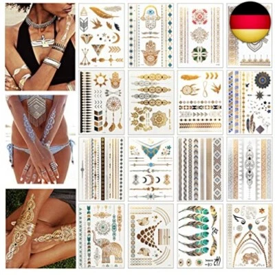 LUZOON Festival Tattoos Gold Tattoo 16 Blätter 140+ Tattoos Festival Gadget