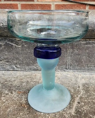 Juego de 4 vasos gruesos mexicanos soplados a mano banda azul cobalto margarita Foto 1 de 4