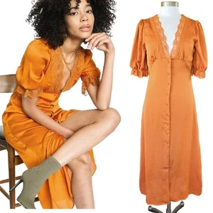New NSR Satin Midi Shirt Dress Size Medium Puff Sleeve Lace V Copper Orange - Picture 1 of 12