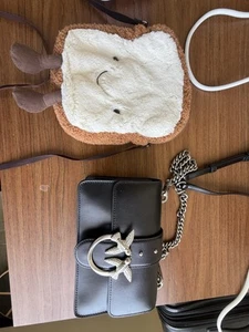 Pinko Love Bag Icon Mini Black Leather with Silver Birds Bonus Plush Toast Bag - Picture 1 of 1