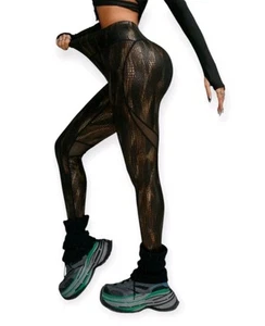 Women's Innovista Lux Golden Foil Print Sports Leggings, Faux Leather, Metallic - Picture 1 of 6
