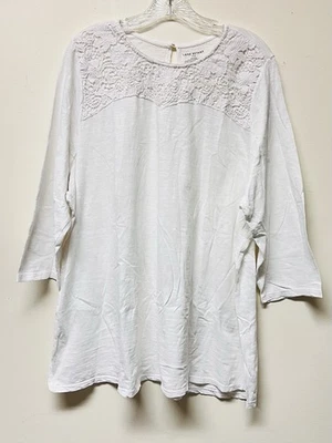 Lane Bryant Cotton Blouse Women's 18/20 White 3/4Sleeves Lace Yoke Top - Image 1 of 4