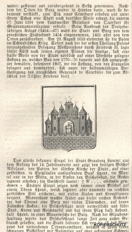 Grudziadz-Polen-Westpreußen"Graudenz"Heraldik-Städtewappen.Orig.Holzstich v.1872 - Bild 1 von 1
