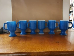 VTG 6 Blue Pedestal Mugs Anchor Hocking Fire King Orange Peel Texture USA MADE - Picture 1 of 7