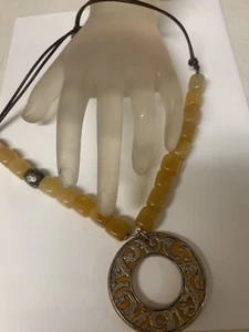 NICE SILPADA YELLOW JADE STERLING SILVER LEATHER NECKLACE PENDANT - Picture 1 of 5