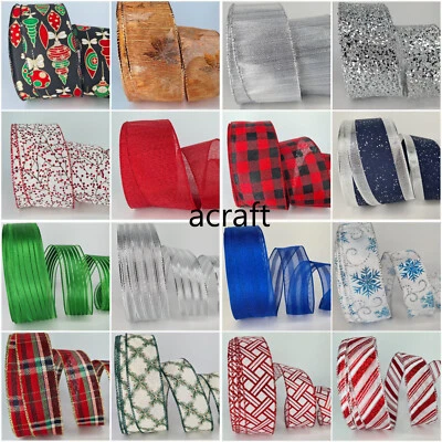 Christmas Wired Edge Ribbon 63mm x 1m Gift Wrapping Decoration Craft Bow Making - Image 1 of 4