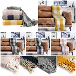 LUXURY 100% COTTON TARTAN CHECK LARGE SOFA BED THROW BLANKET FRINGED TWEED SOFT - Picture 1 of 29