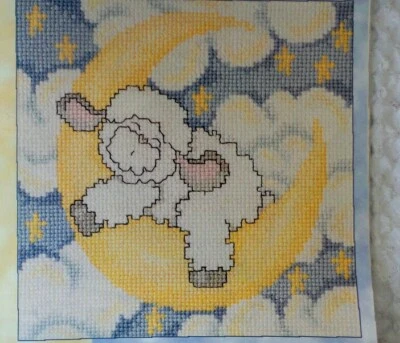 Cross Stitch Pattern GOOD NIGHT MR MOON Lamb Moon Clouds Michele Johnson - Image 1 of 4