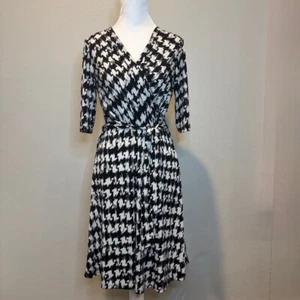 Sandra Darren Black and White Houndstooth Print Faux Wrap Dress - Picture 1 of 10