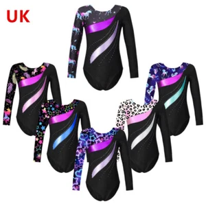 Girls Shiny Long Sleeve Gymnastics Leotard Activewear Unitards Biketard Bodysuit - Picture 1 of 66