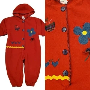 Vintage 90s Baby Girl Red Fleece Hooded Bunt Suit Warm Outfit Jumpsuit Sz 24 M - Picture 1 of 10