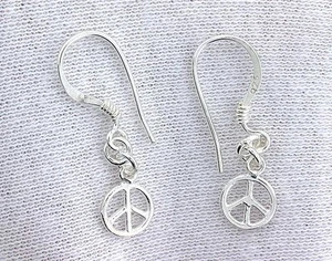 Peace Sign Dangle .925 Pure REAL Sterling Silver Earwire Casted Earrings EBS2308 - Picture 1 of 1
