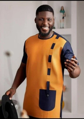 Light orange and Blue-Black Shirt African Clothing for Men African Wear Fashion - Photo 1/2