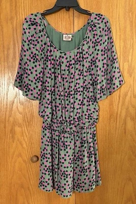 JUICY COUTURE Dress Wms 6 Green Black Pink Silk Polka Dot Retro Style Drop Waist - Image 1 of 4