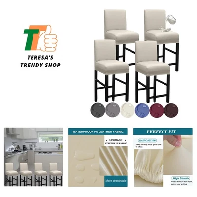 Set of 4 Waterproof Faux Leather Bar Stool Covers with Elastic Backs - Beige - Image 1 of 4
